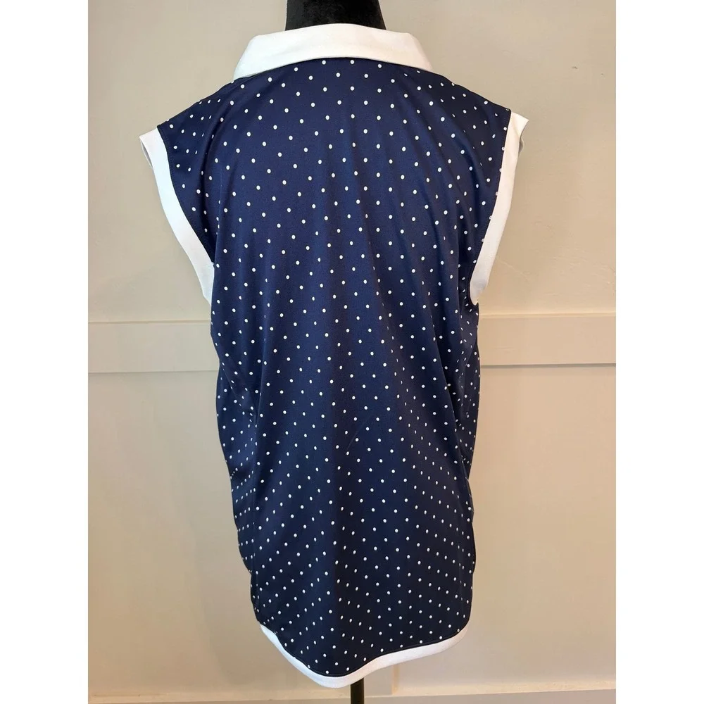 PGA Tour Womens XXL Sleeveless Golf Polo Shirt Navy Blue Polka Dot V-Neck Top